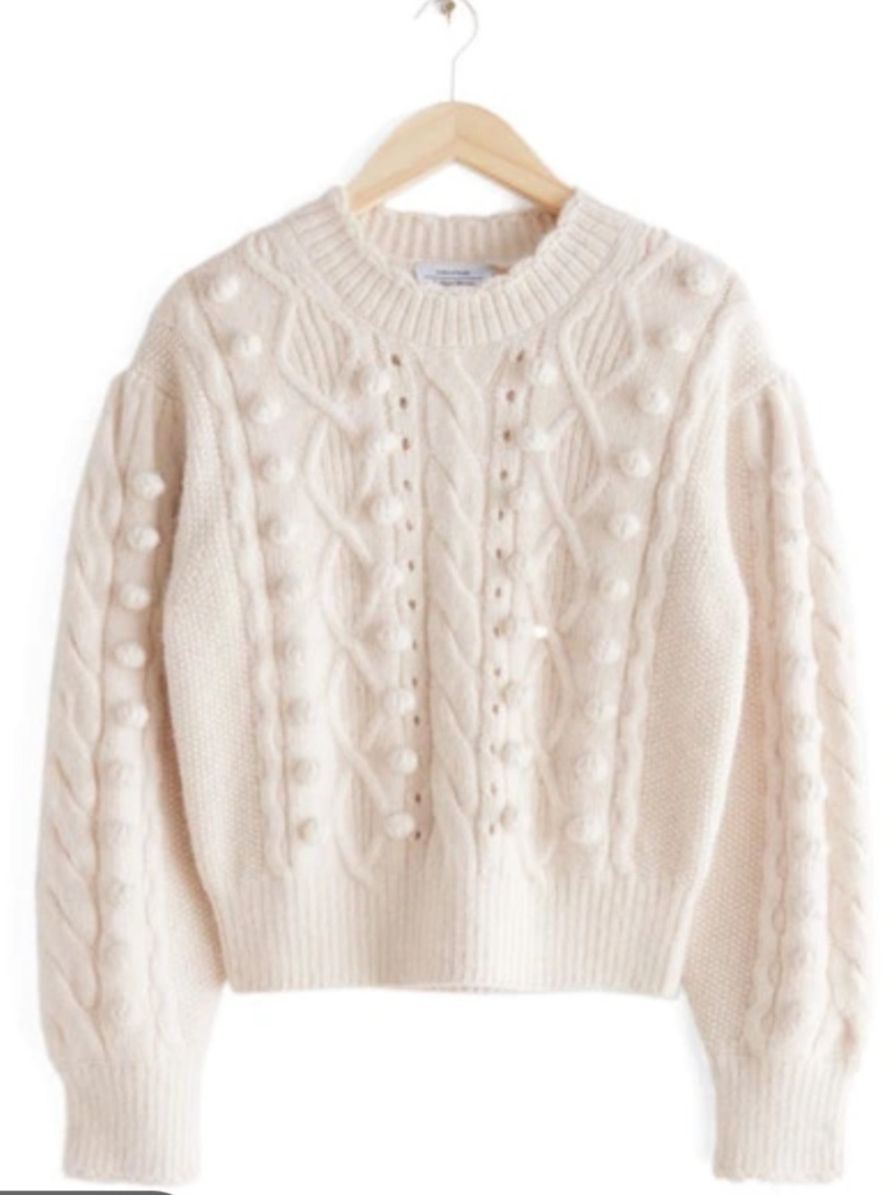 & Other Stories Cream Cable Knit Wool Blend Sweater with Pom Pom Details
